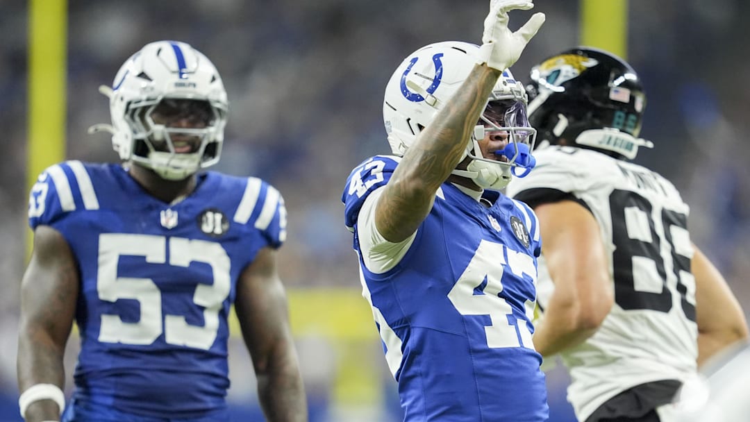 Dec 28, 2025; Indianapolis, Indiana, USA; Indianapolis Colts cornerback Cameron Mitchell (43) celebrates after breaking up a pass during a game against the Jacksonville Jaguars  at Lucas Oil Stadium. Mandatory Credit: Mykal McEldowney-USA TODAY Network via Imagn Images
