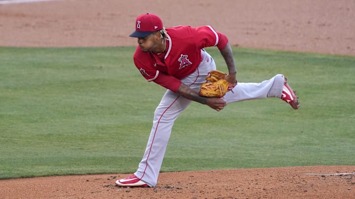 Jul 21, 2020; Los Angeles, California, USA; Los Angeles Angels starting pitcher Felix Pena (64) delivers a pitch in the first inning against the Los Angeles Dodgers at Dodger Stadium. Mandatory Credit: Kirby Lee-Imagn Images Jul 21, 2020; Los Angeles, California, USA; Los Angeles Angels starting pitcher Felix Pena (64) delivers a pitch in the first inning against the Los Angeles Dodgers at Dodger Stadium. Mandatory Credit: Kirby Lee-Imagn Images