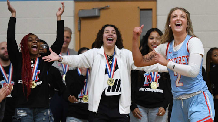 Monterey senior volleyball standout Anastyn Greaser, right, pretends to be Aaliyah Chavez while Chavez, center, looks on at a pep rally Wednesday, March 5, 2025, at Monterey High School. Monterey senior volleyball standout Anastyn Greaser, right, pretends to be Aaliyah Chavez while Chavez, center, looks on at a pep rally Wednesday, March 5, 2025, at Monterey High School.