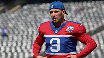 Sep 8, 2024; East Rutherford, New Jersey, USA; New York Giants place kicker Graham Gano (9) on the field before the game against the Minnesota Vikings at MetLife Stadium. Mandatory Credit: Vincent Carchietta-Imagn Images
