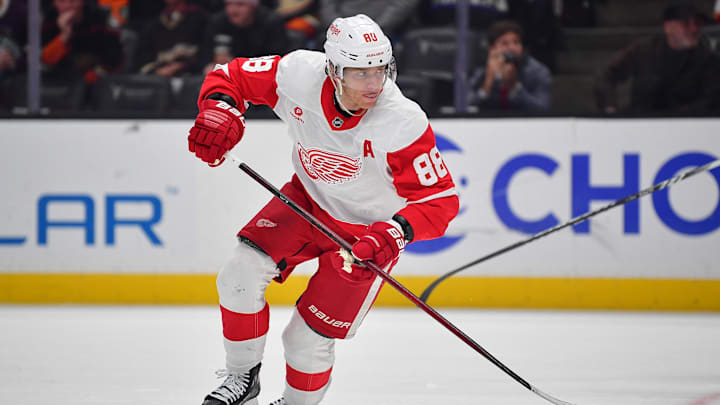 Nov 15, 2024; Anaheim, California, USA; Detroit Red Wings right wing Patrick Kane (88) in action against the Anaheim Ducks during the first period at Honda Center. Mandatory Credit: Gary A. Vasquez-Imagn Images