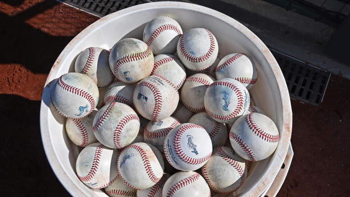 Apr 6, 2024; Kansas City, Missouri, USA;  A general view of a bucket of baseballs prior to a game between the Kansas City Royals and Chicago White Sox at Kauffman Stadium. Mandatory Credit: Peter Aiken-USA TODAY Sports