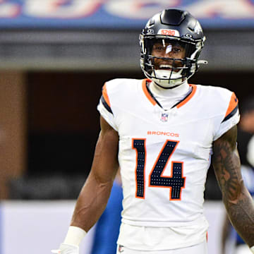 Aug 11, 2024; Indianapolis, Indiana, USA; Denver Broncos wide receiver Courtland Sutton (14) smiles during warm ups before the game against the Indianapolis Colts at Lucas Oil Stadium. Mandatory Credit: Marc Lebryk-Imagn Images