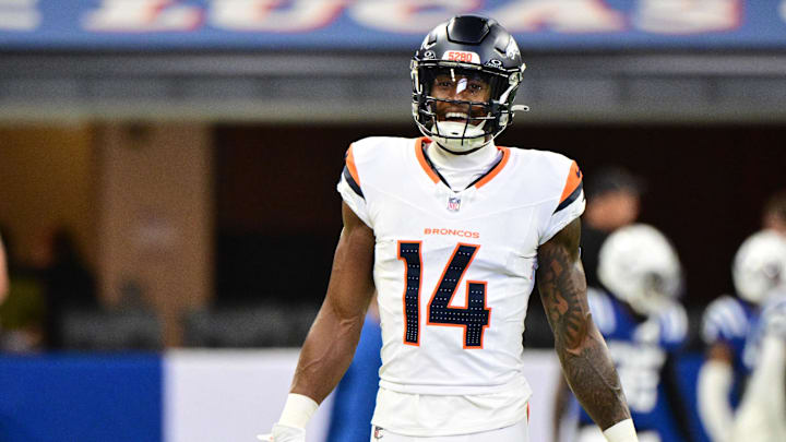 Aug 11, 2024; Indianapolis, Indiana, USA; Denver Broncos wide receiver Courtland Sutton (14) smiles during warm ups before the game against the Indianapolis Colts at Lucas Oil Stadium. Mandatory Credit: Marc Lebryk-Imagn Images