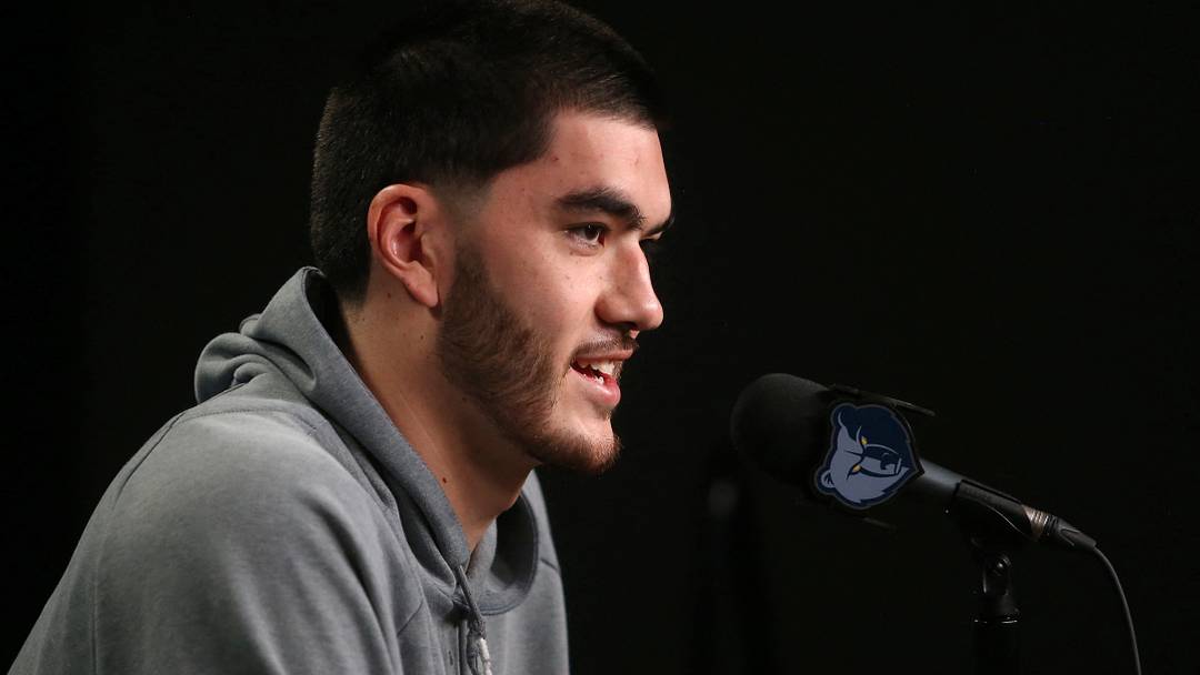 Sep 28, 2026; Memphis, TN, USA;  Memphis Grizzlies center Zach Edey (14) speaks at media day at FedEx Forum.  Mandatory Credit: Petre Thomas-Imagn Images
