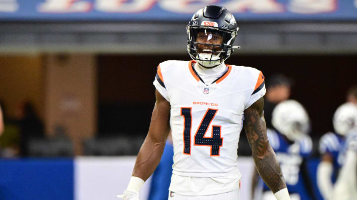 Broncos wide receiver Courtland Sutton smiles during warmups before a game against the Indianapolis Colts at Lucas Oil Stadium.