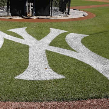 Feb 22, 2017; Tampa, FL, USA; The New York Yankees logo is painted on the field during a rain shortened  MLB spring training workouts at George M. Steinbrenner Field. Mandatory Credit: Reinhold Matay-Imagn Images