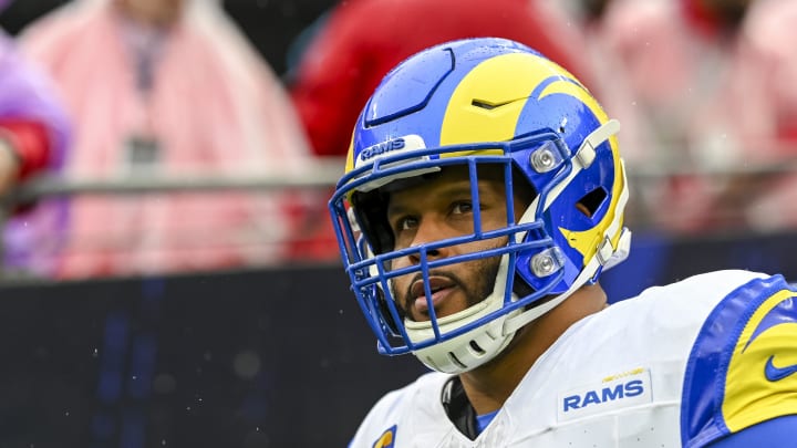 Dec 10, 2023; Baltimore, Maryland, USA;  Los Angeles Rams defensive tackle Aaron Donald (99) before the game against the Baltimore Ravens   at M&T Bank Stadium. Mandatory Credit: Tommy Gilligan-USA TODAY Sports