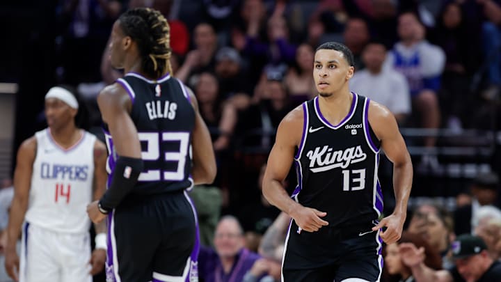 Apr 2, 2024; Sacramento, California, USA; Sacramento Kings forward Keegan Murray (13) reacts after scoring a basket during the third quarter against the LA Clippers at Golden 1 Center. Mandatory Credit: Sergio Estrada-USA TODAY Sports