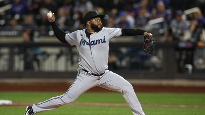 Sep 27, 2023; New York, NY, USA; Miami Marlins starting pitcher Johnny Cueto (47) delivers a pitch during the first inning against the New York Mets at Citi Field.