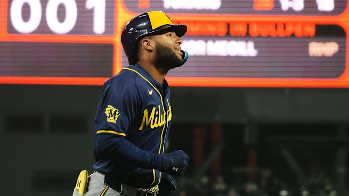 Sep 12, 2024; San Francisco, California, USA; Milwaukee Brewers left fielder Jackson Chourio (11) rounds the bases on a two run home run against the San Francisco Giants during the eighth inning at Oracle Park.