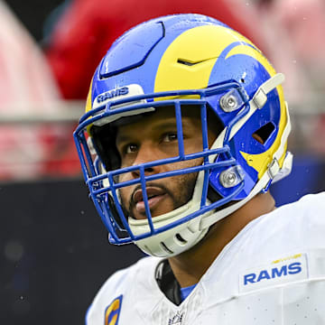 Dec 10, 2023; Baltimore, Maryland, USA;  Los Angeles Rams defensive tackle Aaron Donald (99) before the game against the Baltimore Ravens   at M&T Bank Stadium. Mandatory Credit: Tommy Gilligan-Imagn Images