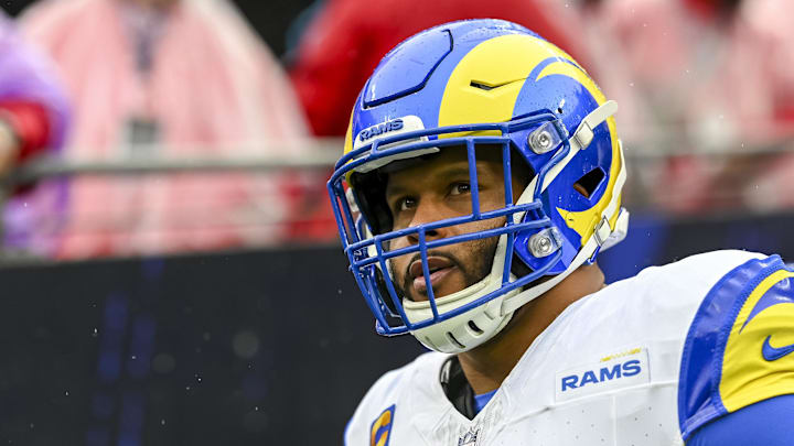 Dec 10, 2023; Baltimore, Maryland, USA;  Los Angeles Rams defensive tackle Aaron Donald (99) before the game against the Baltimore Ravens   at M&T Bank Stadium. Mandatory Credit: Tommy Gilligan-Imagn Images