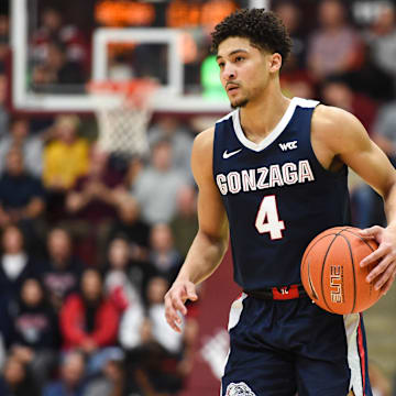 Jan 30, 2020; Santa Clara, California, USA; Gonzaga Bulldogs guard Ryan Woolridge (4) during a game against the Santa Clara Broncos at Leavey Center. 