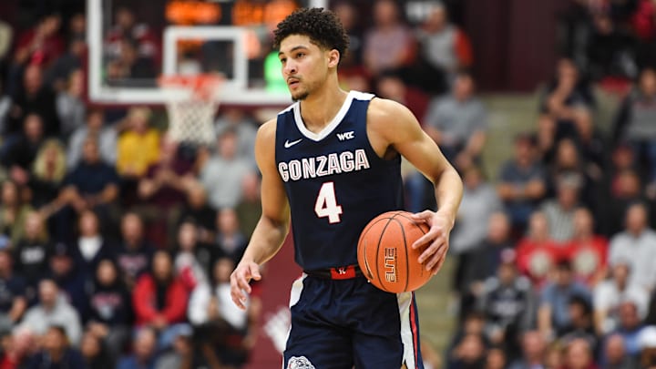 Jan 30, 2020; Santa Clara, California, USA; Gonzaga Bulldogs guard Ryan Woolridge (4) during a game against the Santa Clara Broncos at Leavey Center. 