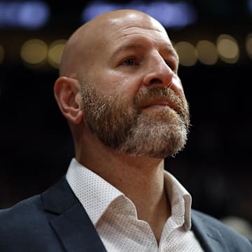 Oct 28, 2022; Portland, Oregon, USA; Portland Trail Blazers general manager Joe Cronin looks ion before the game against the Houston Rockets at Moda Center. Mandatory Credit: Soobum Im-Imagn Images