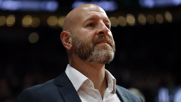 Oct 28, 2022; Portland, Oregon, USA; Portland Trail Blazers general manager Joe Cronin looks ion before the game against the Houston Rockets at Moda Center. Mandatory Credit: Soobum Im-Imagn Images