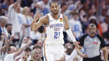 Apr 21, 2024; Oklahoma City, Oklahoma, USA; Oklahoma City Thunder guard Aaron Wiggins (21) gestures after scoring a three-point basket against the New Orleans Pelicans during the second quarter of game one of the first round for the 2024 NBA playoffs at Paycom Center. Mandatory Credit: Alonzo Adams-Imagn Images