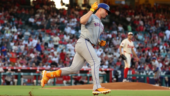 Aug 2, 2024; Anaheim, California, USA;  New York Mets first baseman Pete Alonso (20) reacts after hitting a home run against Los Angeles Angels starting pitcher Tyler Anderson (31) during the third inning at Angel Stadium. Mandatory Credit: Kiyoshi Mio-USA TODAY Sports