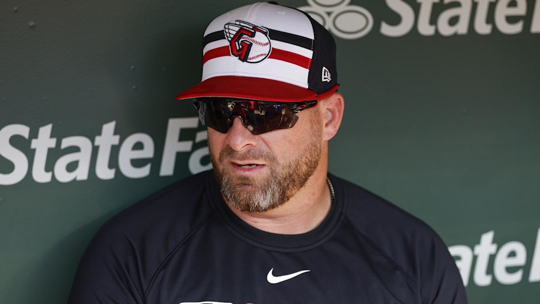 Jul 3, 2025; Chicago, Illinois, USA; Cleveland Guardians manager Stephen Vogt speaks before a baseball game against the Chicago Cubs at Wrigley Field. Mandatory Credit: Kamil Krzaczynski-Imagn Images