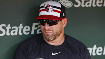 Jul 3, 2025; Chicago, Illinois, USA; Cleveland Guardians manager Stephen Vogt speaks before a baseball game against the Chicago Cubs at Wrigley Field. Mandatory Credit: Kamil Krzaczynski-Imagn Images