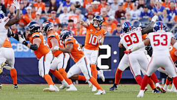 Oct 19, 2025; Denver, Colorado, USA; Denver Broncos quarterback Bo Nix (10) throws a pass during the second half against the New York Giants at Empower Field at Mile High. Mandatory Credit: Isaiah J. Downing-Imagn Images