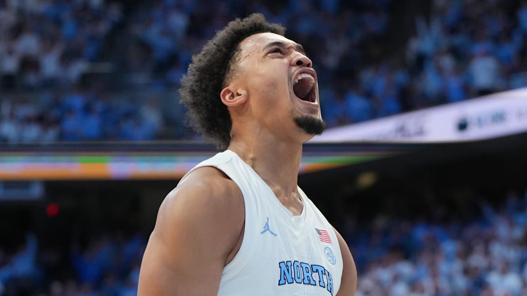 Feb 23, 2026; Chapel Hill, North Carolina, USA; North Carolina Tar Heels guard Seth Trimble (7) reacts after scoring in the second half at Dean E. Smith Center. Mandatory Credit: Bob Donnan-Imagn Images