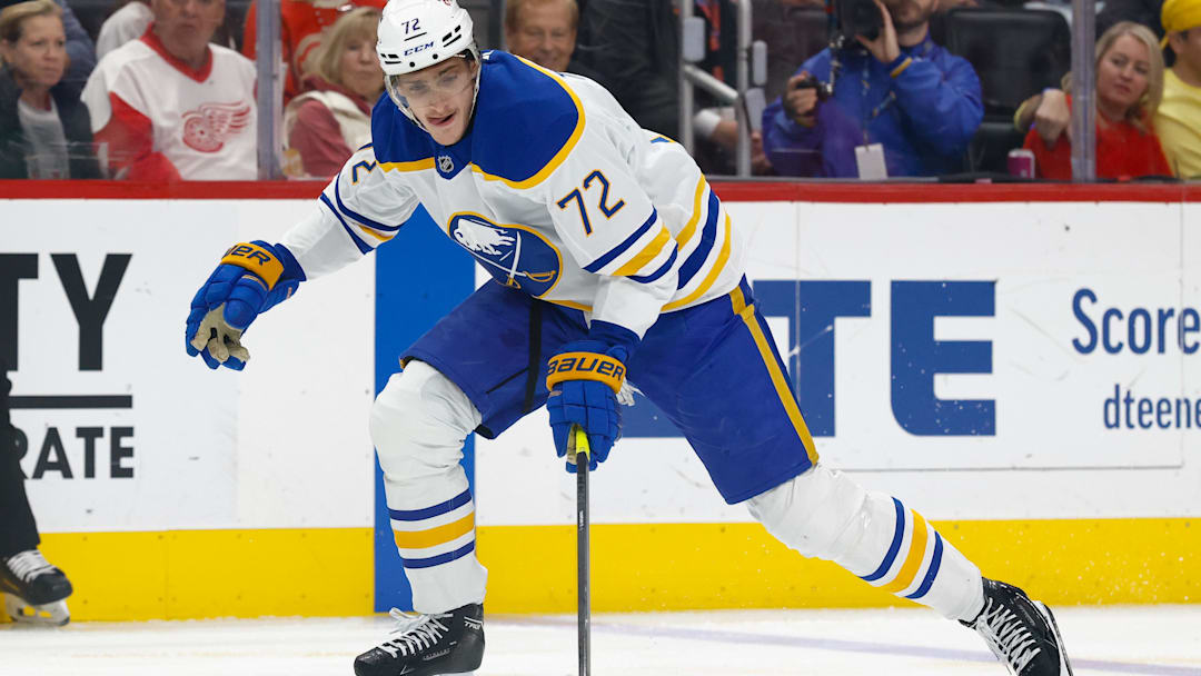 Nov 15, 2025; Detroit, Michigan, USA;  Buffalo Sabres center Tage Thompson (72) skates with the puck in the first period against the Detroit Red Wings at Little Caesars Arena. Mandatory Credit: Rick Osentoski-Imagn Images