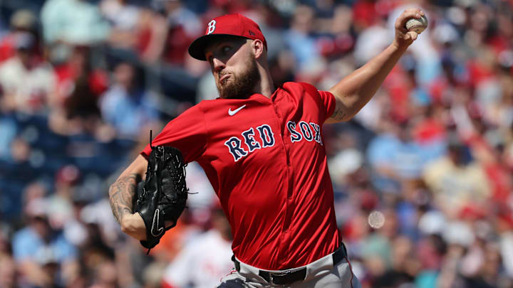 Feb 28, 2025; Clearwater, Florida, USA;  Boston Red Sox starting pitcher Garrett Crochet (35) throws a pitch during the first inning against the Philadelphia Phillies at BayCare Ballpark.