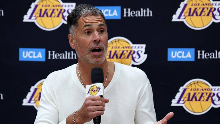 Sep 24, 2026; Los Angeles, CA, USA;  Los Angeles Lakers president of basketball operations and general manager Rob Pelinka speaks to the media during a press conference at UCLA Health Training Center. Mandatory Credit: Kiyoshi Mio-Imagn Images