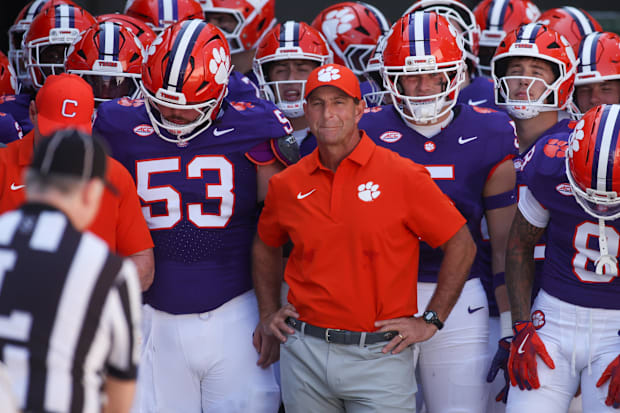 Clemson head coach Dabo Swinney prepares to run on the field with his team before a game against Georgia Tech.