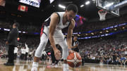 Jul 10, 2024; Las Vegas, Nevada, USA; USA guard Stephen Curry (4) practices his dribbling during a timeout against Canada in the fourth quarter of the USA Basketball Showcase at T-Mobile Arena. Mandatory Credit: Candice Ward-USA TODAY Sports