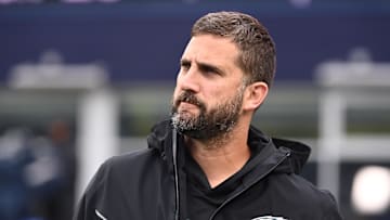 Aug 15, 2024; Foxborough, MA, USA; Philadelphia Eagles head coach Nick Sirianni watches the team warm up before a game against the New England Patriots at Gillette Stadium. Mandatory Credit: Eric Canha-Imagn Images