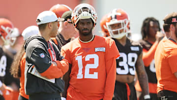 May 10, 2025; Berea, OH, USA; Cleveland Browns quarterback Shedeur Sanders (12) waits his turn for a drill during rookie minicamp at CrossCountry Mortgage Campus. Mandatory Credit: Ken Blaze-Imagn Images