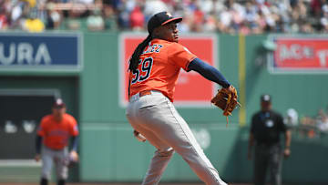 Aug 3, 2025; Boston, Massachusetts, USA;  Houston Astros starting pitcher Framber Valdez (59) pitches during the first inning against the Boston Red Sox at Fenway Park. Mandatory Credit: Bob DeChiara-Imagn Images