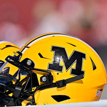 Oct 12, 2024; Amherst, Massachusetts, USA; Missouri Tigers helmets rest on game day game day equipment during the first half against the Massachusetts Minutemen at Warren McGuirk Alumni Stadium. Mandatory Credit: Eric Canha-Imagn Images
