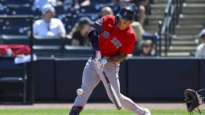Mar 18, 2026; Tampa, Florida, USA; Boston Red Sox second baseman Mikey Romero (72) doubles against the New York Yankees in the seventh inning during spring training at George M. Steinbrenner Field. Mandatory Credit: Nathan Ray Seebeck-Imagn Images
