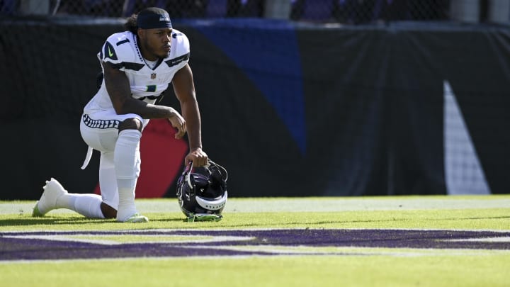 Nov 5, 2023; Baltimore, Maryland, USA;  Seattle Seahawks wide receiver Dee Eskridge (1) takes a moment in the end zone before the start of the game against the Baltimore Ravens at M&T Bank Stadium.