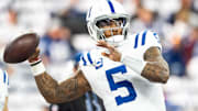 Indianapolis Colts quarterback Anthony Richardson (5) throws the ball during warm-up Sunday, Dec. 22, 2024, ahead of a game against the Tennessee Titans at Lucas Oil Stadium in Indianapolis.