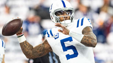 Indianapolis Colts quarterback Anthony Richardson (5) throws the ball during warm-up Sunday, Dec. 22, 2024, ahead of a game against the Tennessee Titans at Lucas Oil Stadium in Indianapolis.