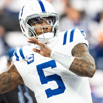 Indianapolis Colts quarterback Anthony Richardson (5) throws the ball during warm-up Sunday, Dec. 22, 2024, ahead of a game against the Tennessee Titans at Lucas Oil Stadium in Indianapolis.