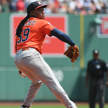Aug 3, 2025; Boston, Massachusetts, USA;  Houston Astros starting pitcher Framber Valdez (59) pitches during the first inning against the Boston Red Sox at Fenway Park.