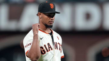 Jun 26, 2024; San Francisco, California, USA; San Francisco Giants relief pitcher Camilo Doval (75) reacts after defeating the Chicago Cubs at Oracle Park.