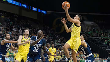 Oregon’s Jackson Shelstad goes up for a shot against Rice during the second half at Matthew Knight Arena in Eugene.