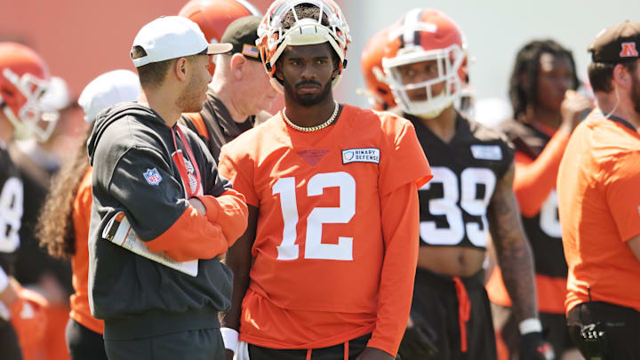 May 10, 2025; Berea, OH, USA; Cleveland Browns quarterback Shedeur Sanders (12) waits his turn for a drill during rookie minicamp at CrossCountry Mortgage Campus. Mandatory Credit: Ken Blaze-Imagn Images