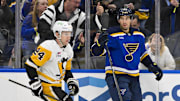 Apr 3, 2025; St. Louis, Missouri, USA;  St. Louis Blues center Jordan Kyrou (25) reacts after scoring against the Pittsburgh Penguins during the second period at Enterprise Center. Mandatory Credit: Jeff Curry-Imagn Images