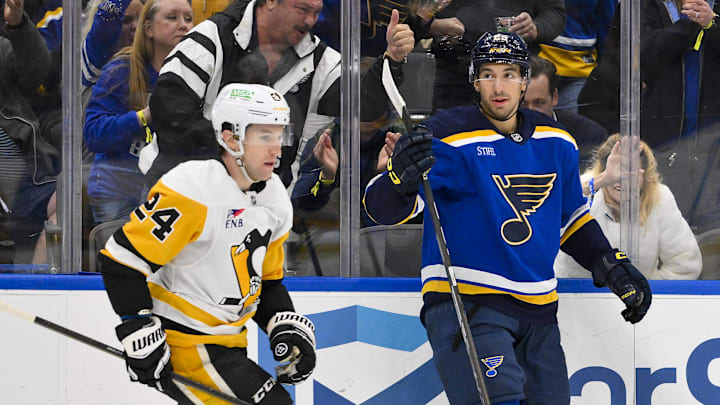 Apr 3, 2025; St. Louis, Missouri, USA; St. Louis Blues center Jordan Kyrou (25) reacts after scoring against the Pittsburgh Penguins during the second period at Enterprise Center. Mandatory Credit: Jeff Curry-Imagn Images Apr 3, 2025; St. Louis, Missouri, USA; St. Louis Blues center Jordan Kyrou (25) reacts after scoring against the Pittsburgh Penguins during the second period at Enterprise Center. Mandatory Credit: Jeff Curry-Imagn Images
