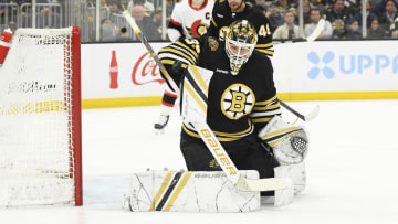 Apr 16, 2024; Boston, Massachusetts, USA;  Boston Bruins goaltender Linus Ullmark (35) makes a save during the second period against the Ottawa Senators at TD Garden. Mandatory Credit: Bob DeChiara-USA TODAY Sports