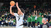 Jan 24, 2024; South Bend, Indiana, USA; Miami Hurricanes guard Kyshawn George (7) shoots a three-point basket in the second half against the Notre Dame Fighting Irish at the Purcell Pavilion. 
