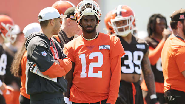 May 10, 2025; Berea, OH, USA; Cleveland Browns quarterback Shedeur Sanders (12) waits his turn for a drill during rookie mini